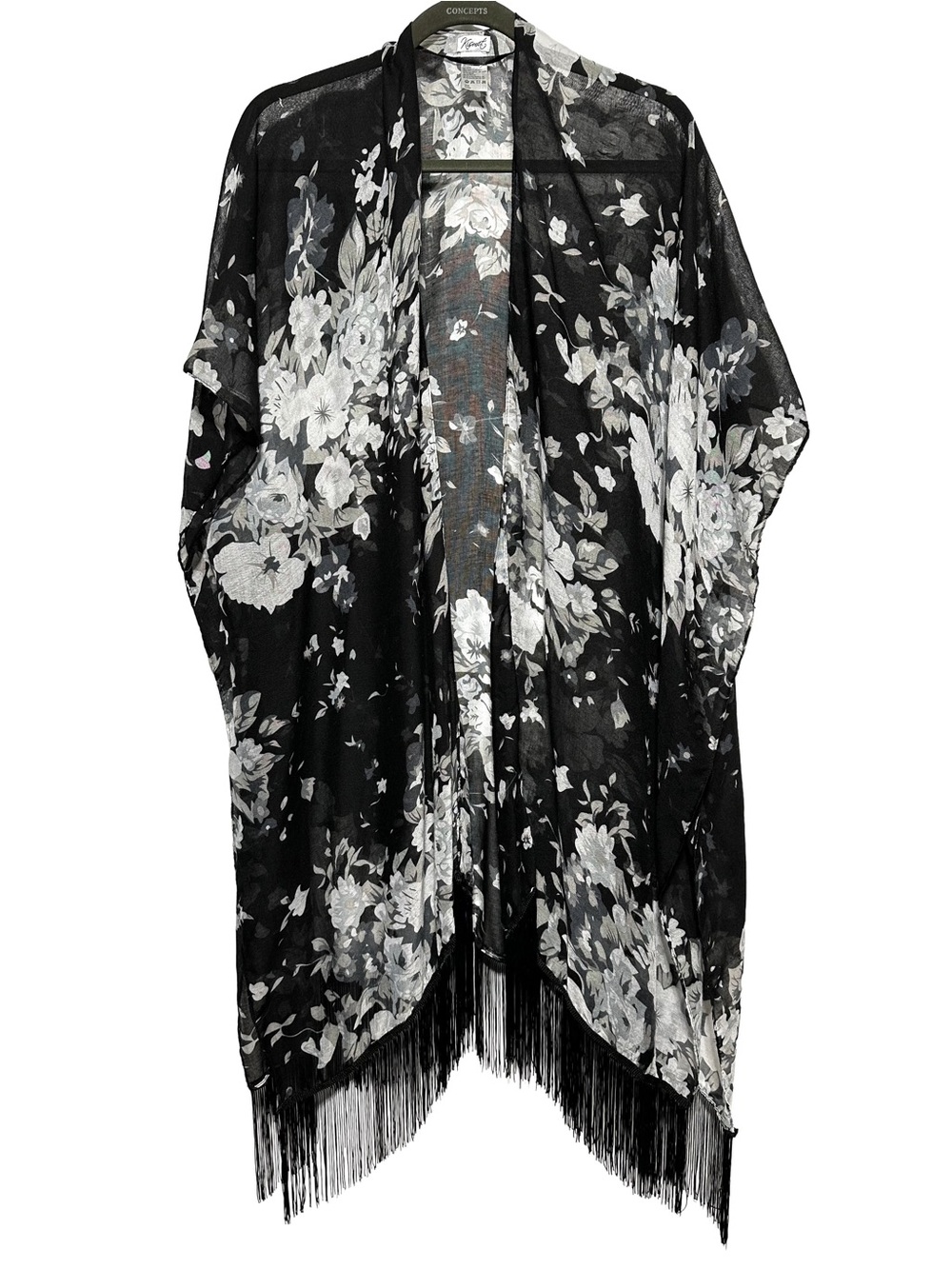 Kismet Black White Floral Fringe Kimono Sheer Ruana One Size